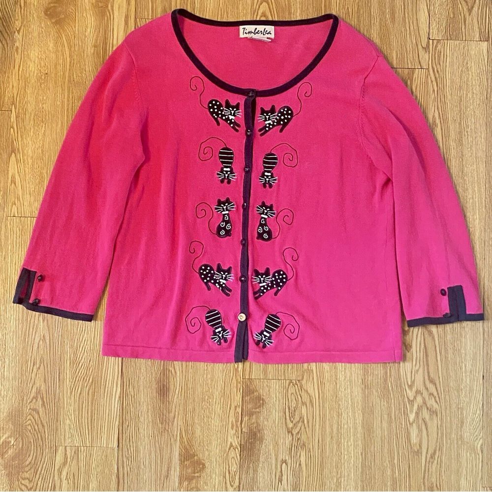 Timberlea Sweater Cats Sz M Pink Embroidered‎ Kitties Black Trim Light Weight
